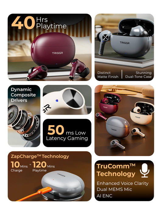 TRIGGR Ultrabuds Go with 40H Playtime, AI ENC, Dynamic Drivers, Type-C Fast Charging Bluetooth Headset