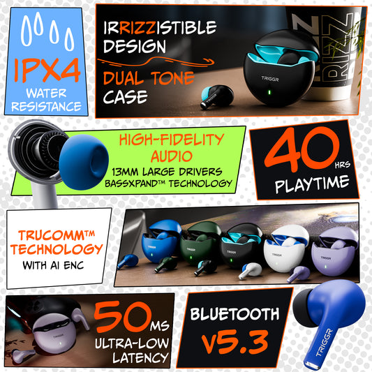 TRIGGR Rizz with 40H Playback, Spherical Design, 13mm Drivers, Rich Bass, Fast Charging, Bluetooth v5.3