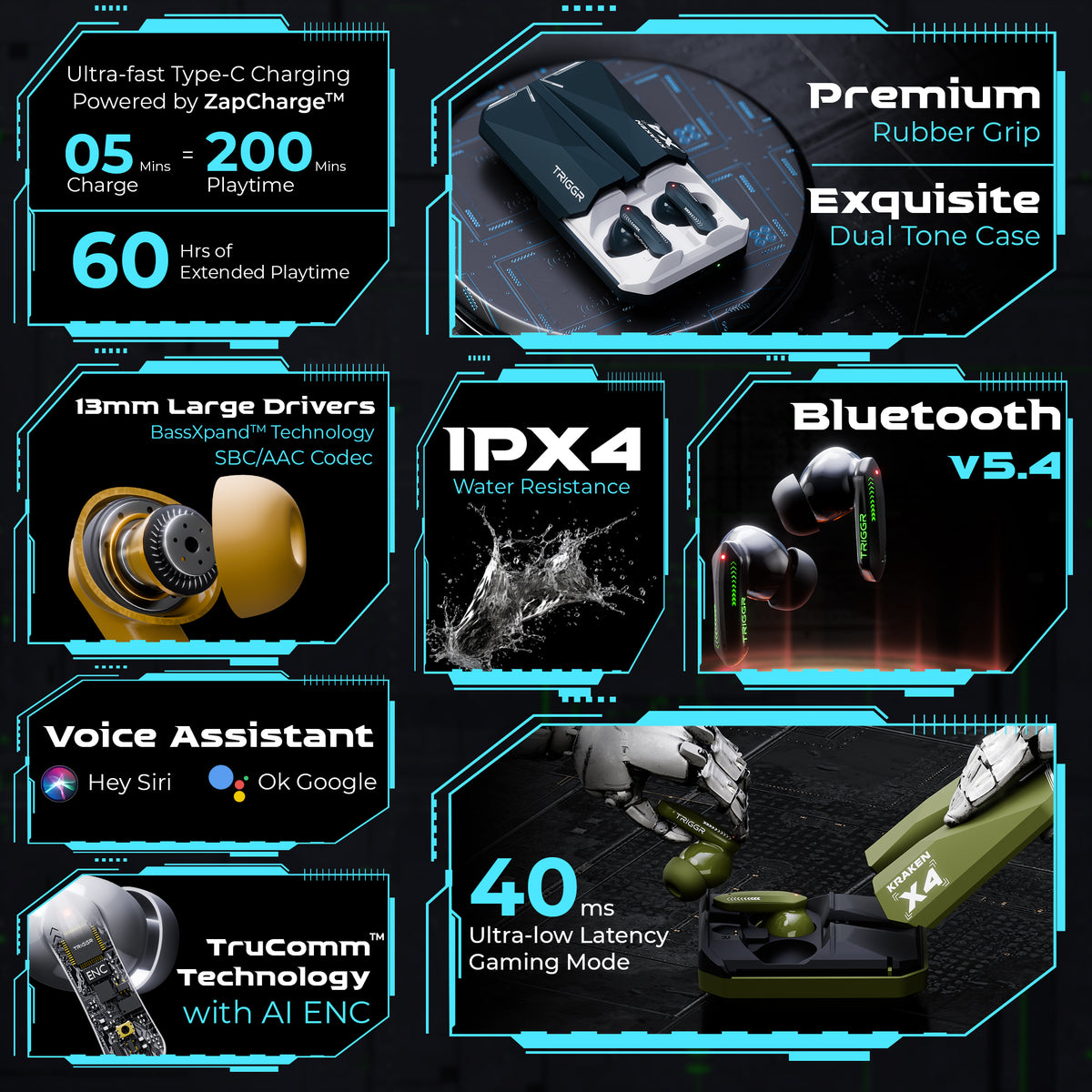 TRIGGR Kraken X4 with 13mm Drivers, 40ms Latency, ENC, 60H Battery, Ru