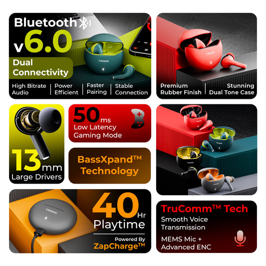 TRIGGR Rizz Duo with Latest BT v6.0, Dual Pairing, Premium Rubber Finish, 40Hr Playtime, 13mm Dynamic Drivers, Rich Bass