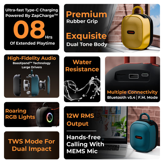 TRIGGR Roar 12 Portable BT v5.4, FM Mode, Rubber Finish, 8 Hr Playtime, 12W Bluetooth Speaker