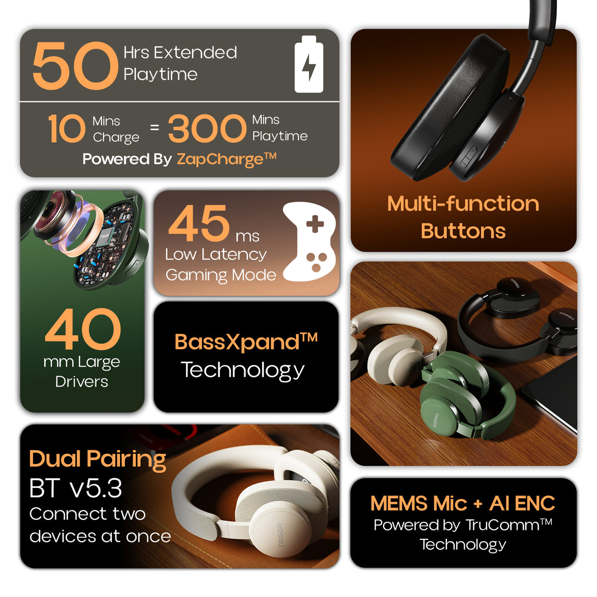 TRIGGR Trinity 3 with Fabric Finish, Dual Pairing, 50H Battery, Foldab