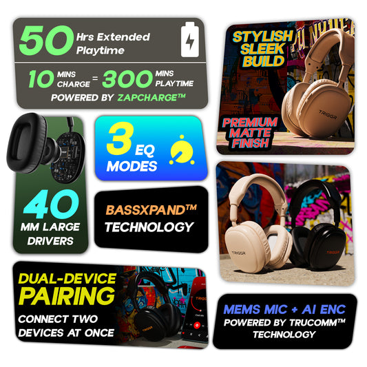 TRIGGR Punkheadz Z1 with 50H Battery, 3 EQ Modes, Dual Pairing, Premium Matte Finish, ENC, BT v5.4 Headphones