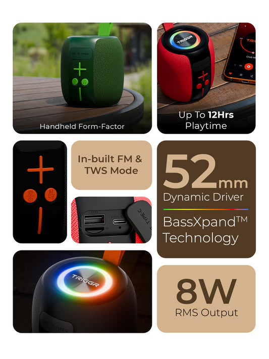 TRIGGR Roar 8 with RGB Lights, Fabric Exterior, TWS & FM Mode, 12H Playtime, BT v5.4, 8W Bluetooth Speaker