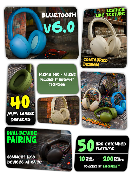 TRIGGR Punkheadz Z3 with Latest BT v6.0, 50H Battery, Dual Pairing, 40mm Drivers, ENC Bluetooth Headset