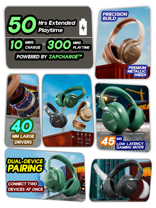 TRIGGR Punkheadz Z2 with 50H Battery, Dual Pairing, 40mm Drivers, ENC, Aux Port, v5.4 Bluetooth Headset