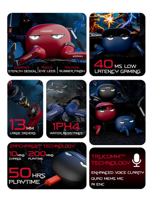 TRIGGR Kraken X5 with 50H Battery, BT v6.0, 40 ms Low Latency, 4-Mic ENC, Rapid Pairing Bluetooth TWS