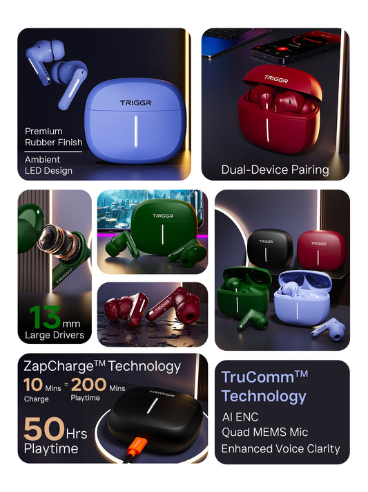 TRIGGR Luma One with Dual Pairing, 4-Mic ENC, 50H Battery, Ambient LED, Rubber Grip Bluetooth Headset