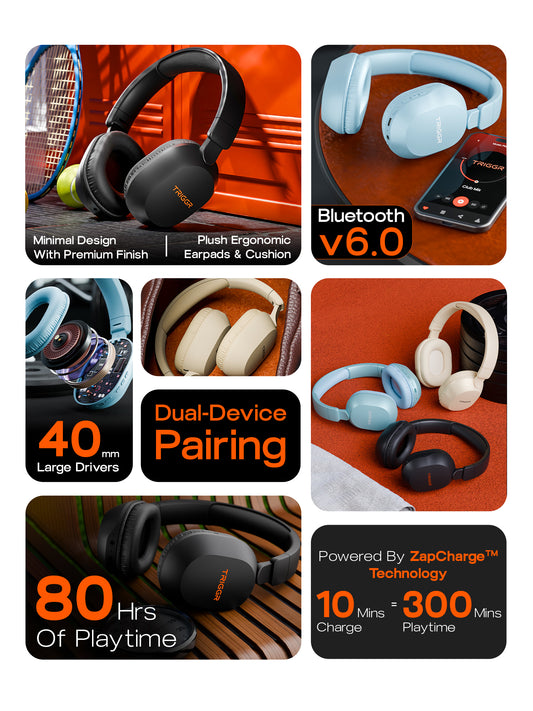 TRIGGR Trinity Neo with 80H Playtime, Dual Pairing, ENC, Fast Charging, Bluetooth v6.0 Headphone