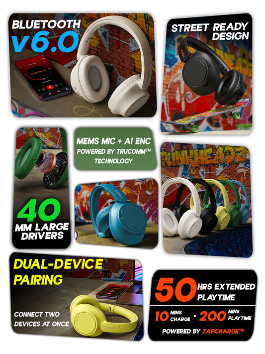 TRIGGR Punkheadz Z4 with 50H Battery, Dual Pairing, 40mm Drivers, Gaming Mode, BT v6.0