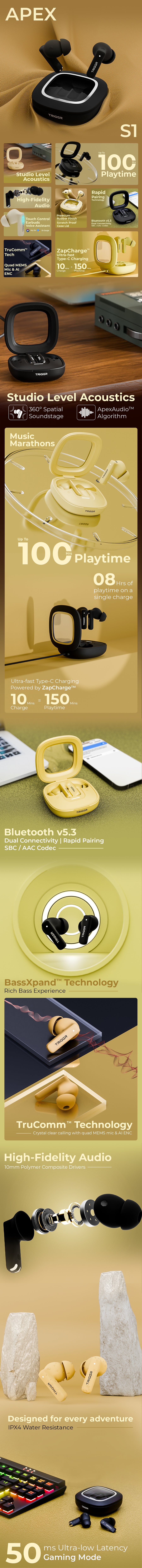 TRIGGR Apex S1 Dual Pairing, 100H Battery, 360º Spatial Soundstage, Quad Mic ENC, Scratch Proof, Rubber Finish Bluetooth Headset