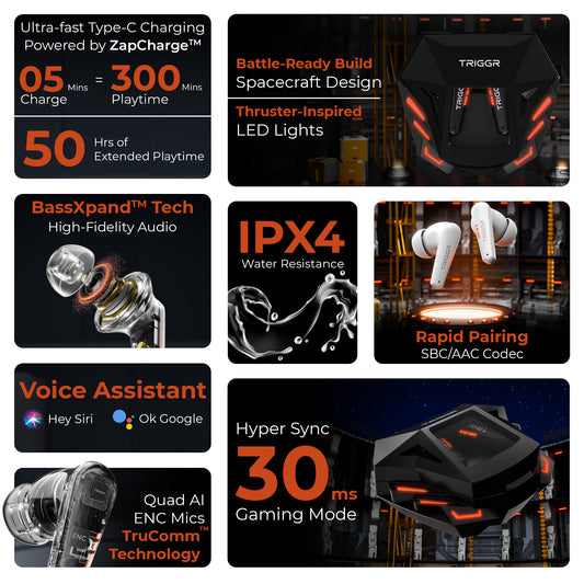 TRIGGR Raptor Gaming TWS with 30ms Hyper Sync Ultra-Low Latency, Quad Mic AI ENC, Spaceship Design, 50H Battery, BT v5.4