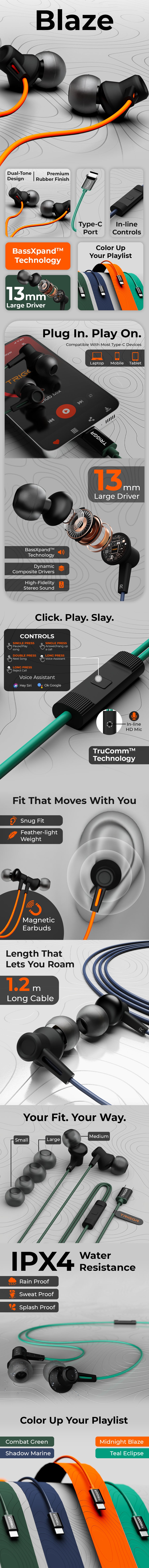TRIGGR Blaze Type-C Wired Earphones with 13mm Driver, In-line Controls, Rich Bass, HD Mic