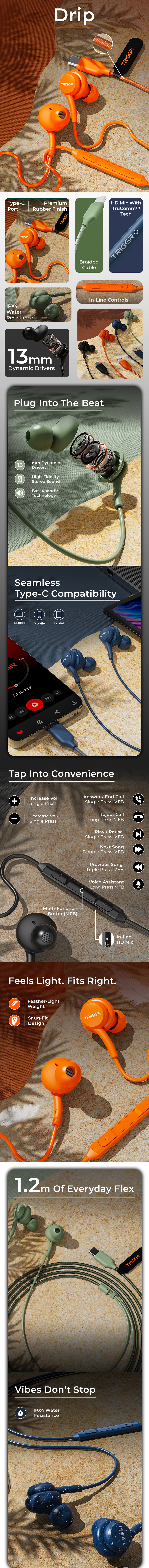 TRIGGR Drip Type-C Wired Earphones with 13mm Driver, In-line Controls, Rich Bass, HD Mic