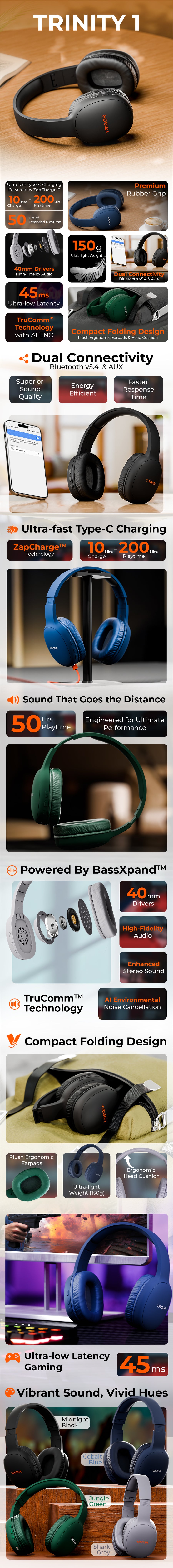 TRIGGR Trinity 1 with 40mm Drivers, Fast Charging, 50H Battery, Rubber Finish, BassXpand Tech, v5.4 Bluetooth