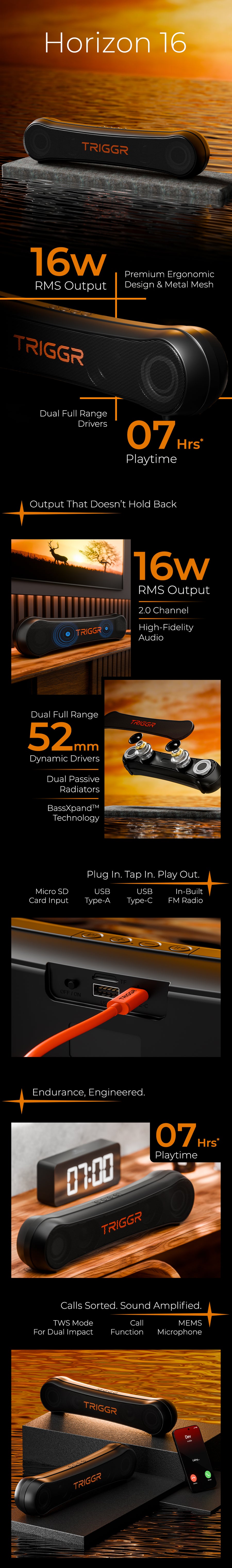 TRIGGR Horizon 16 with Dual Drivers, 7Hrs Playtime, MEMS Mic, TWS Function 16 W Bluetooth Speaker (Elite Black, 2.0 Channel)