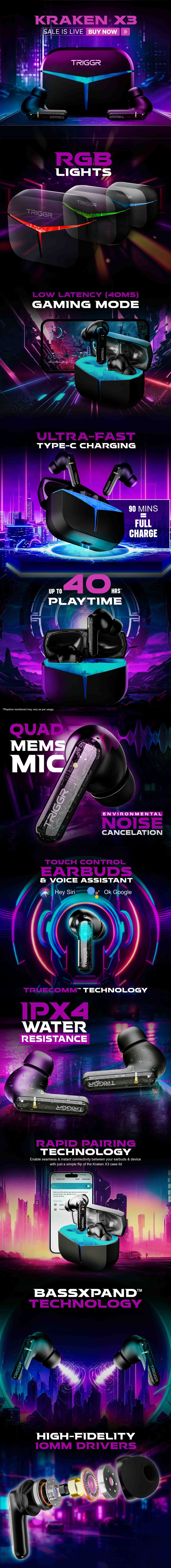 TRIGGR Kraken X3 with RGB Lights, 40ms Latency, Quad ENC, Rapid Pair, 40H Battery, v5.3 Bluetooth Headset