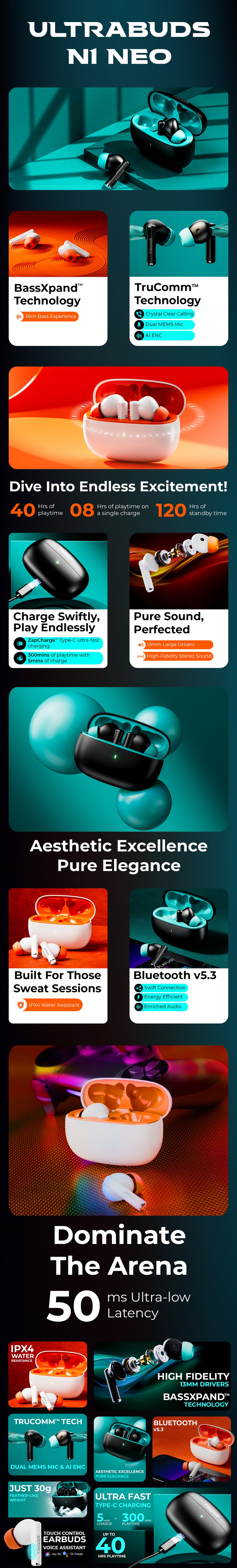 TRIGGR Ultrabuds N1 Neo with ENC, 40Hr Playback, 13mm Drivers, Rich Bass, Fast Charging Bluetooth Headset