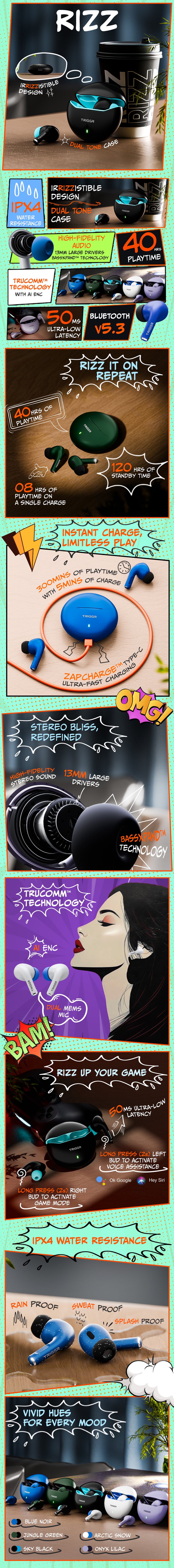 TRIGGR Rizz with 40H Playback, Spherical Design, 13mm Drivers, Rich Bass, Fast Charging, Bluetooth v5.3