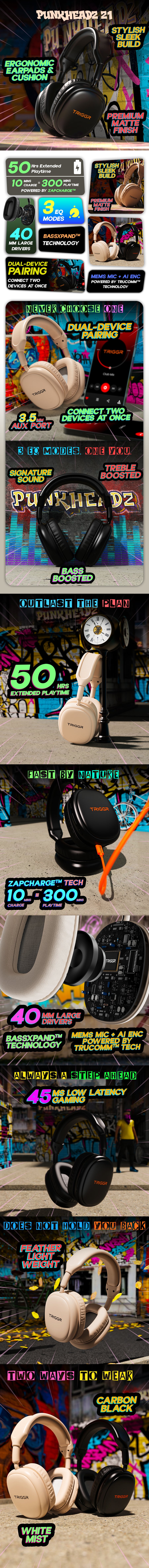 TRIGGR Punkheadz Z1 with 50H Battery, 3 EQ Modes, Dual Pairing, Premium Matte Finish, ENC, BT v5.4 Headphones