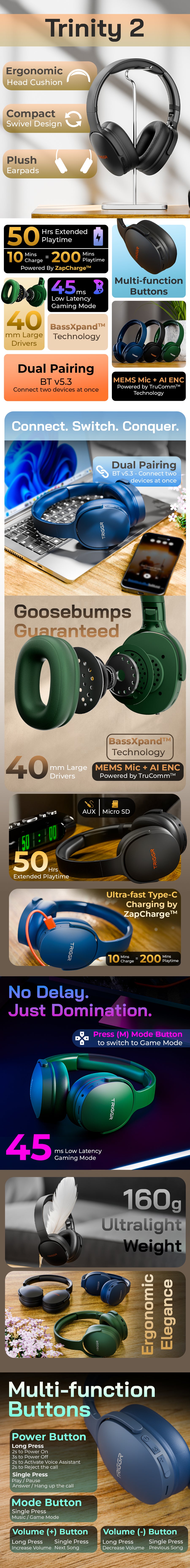 TRIGGR Trinity 2 with Dual Pairing, 40mm Drivers, Fast Charging, 50H Battery, Rubber Finish, BassXpand Tech, v5.3 Bluetooth