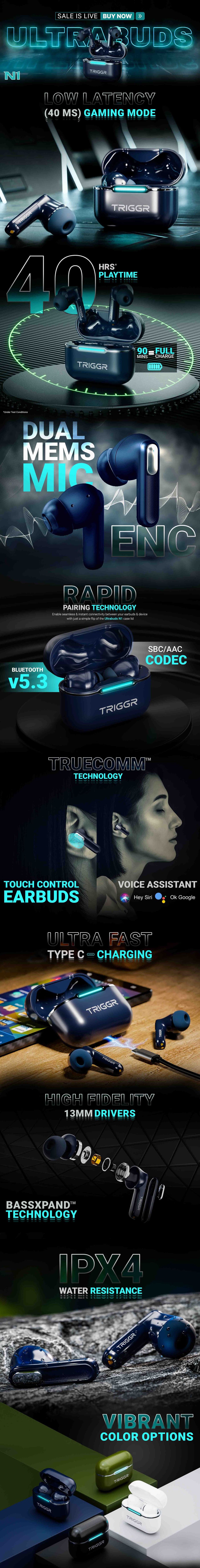 TRIGGR Ultrabuds N1 with ENC, 40H Battery, Trucomm Calling, 40ms Low Latency, v5.3 Bluetooth Headset