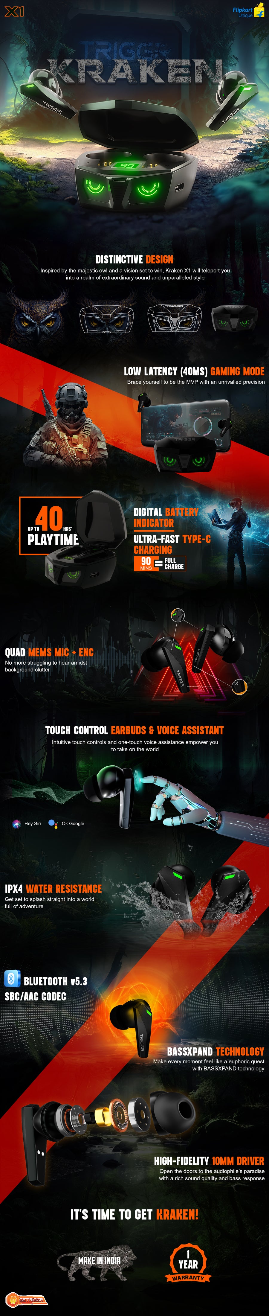TRIGGR Kraken X1 with Battery Display, 40ms Ultra-low Latency, Quad Mic ENC, 40Hr Battery, Fast Charge, v5.3 Bluetooth Headset