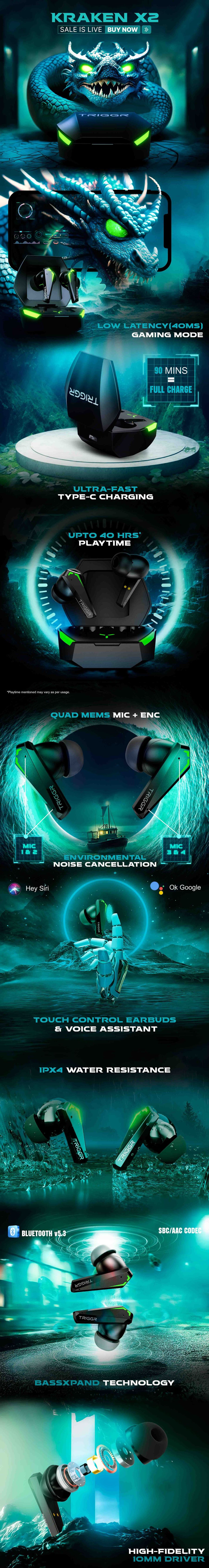TRIGGR Kraken X2 Quad Mic ENC, 40 Hr Battery, Rapid Pair, 40ms Low Latency Gaming, v5.3 Bluetooth Gaming Headset